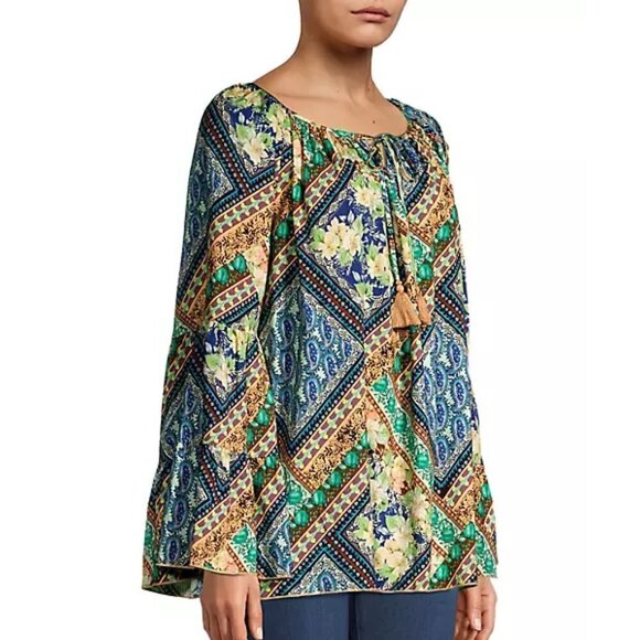 Johnny Was 'Miza' Patchwork-Print Bell-Sleeve Tunic Top, Multicolor - Picture 3 of 6